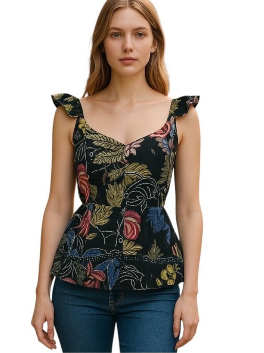 NWOT FARM Rio Black Tropical Floral Ruffle-Peplum Hem Camisole Beautiful Details